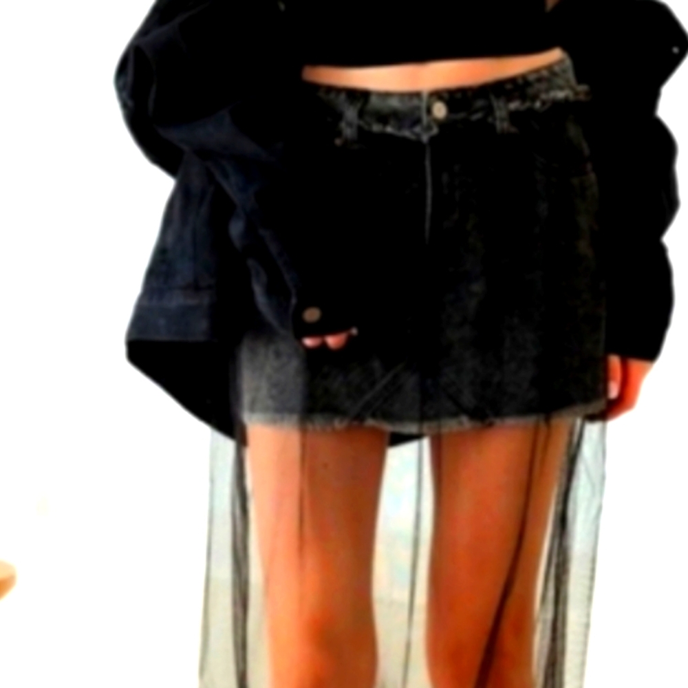 Black denim distressed mini skirt with tulle mesh overlay - Picture 9 of 11